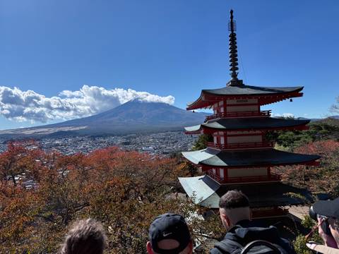 Chureito Pagoda with Mount Fuji in the background during autumn.