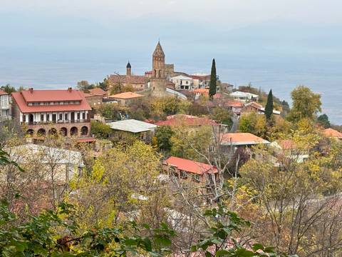 A small town with historic buildings and a church.