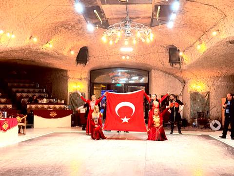       People holding a Turkish flag during a performance.
  