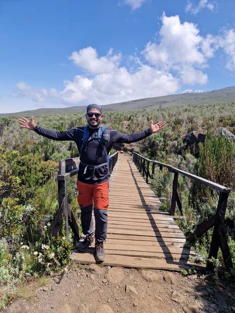 Person with open arms on a wooden path, mountain in the background.