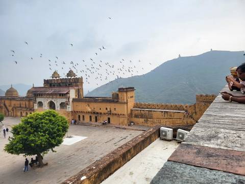      People observing a historic fort with birds flying above.
  