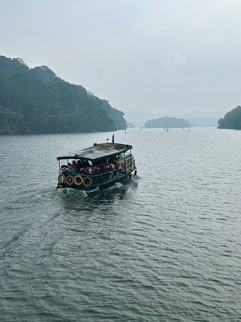       A group of people on a boat in a lake surrounded by forest.
  