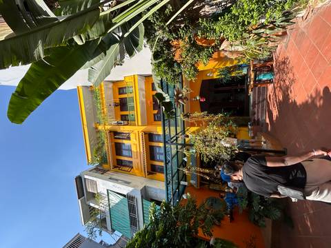 People walking towards a yellow building with plants and decorations.