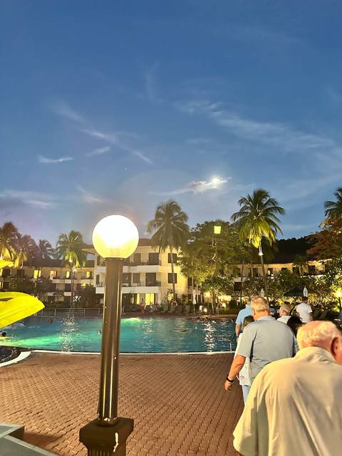 Nighttime resort view with lights, palm trees, and a moonlit sky.