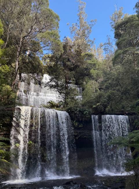       A picturesque waterfall surrounded by dense greenery.
  