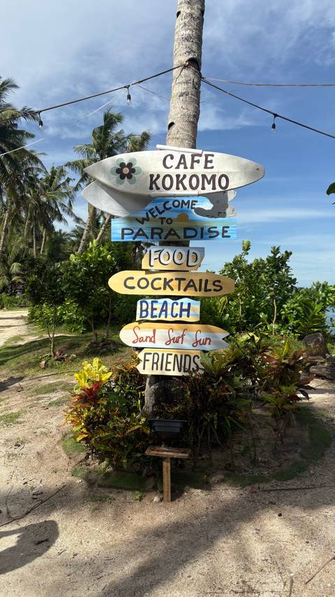 Colorful directional sign in a tropical setting.