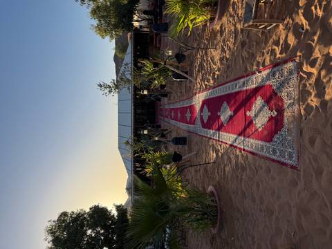       A red carpet leading to a tent in a desert setting.
  
