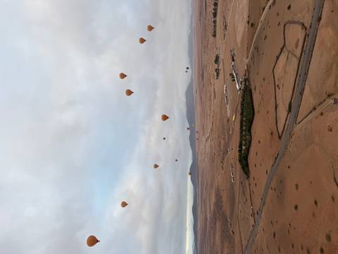       A sky filled with hot air balloons over a desert landscape.
  