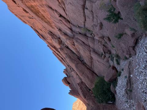       View of a rocky cliff with a clear blue sky.
  