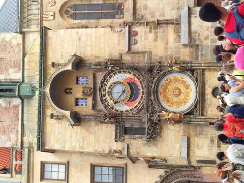       Astronomical Clock in Prague surrounded by tourists
  