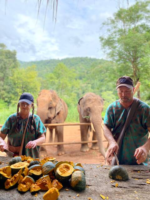       Couple interacting with elephants at a sanctuary.
  
