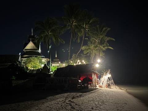 Beach restaurant with palm trees and night lights.