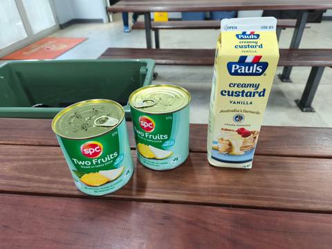       Canned food and custard package on a table.
  