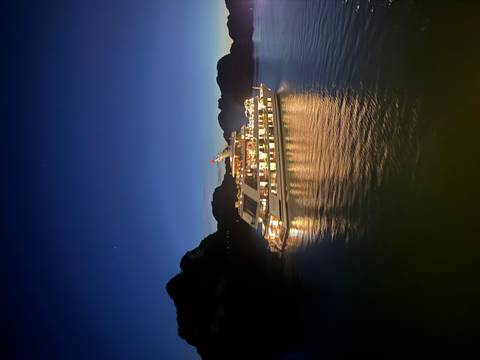 A lit-up cruise ship on the water at night with a picturesque background.