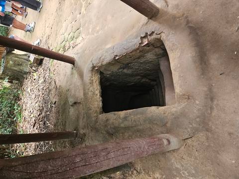 Tunnel entrance leading underground in a forest.