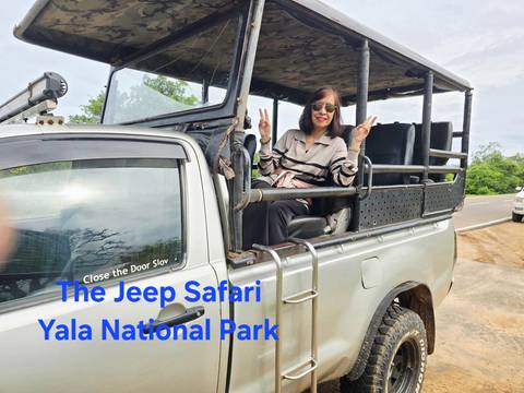 A woman sitting in a safari jeep with overlay text about Yala National Park.