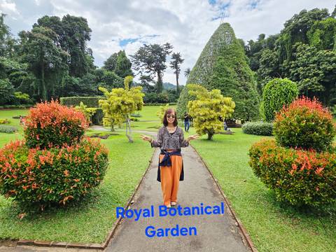 A woman in a lush garden setting with overlay text about Royal Botanical.