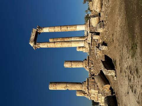       Ruined columns of a historic site against a clear blue sky.
  