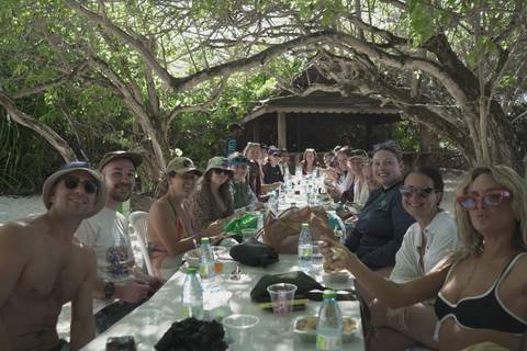       A group dining together under a canopy of trees on a sunny day.
  