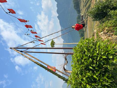 Person swinging with mountains in the background.