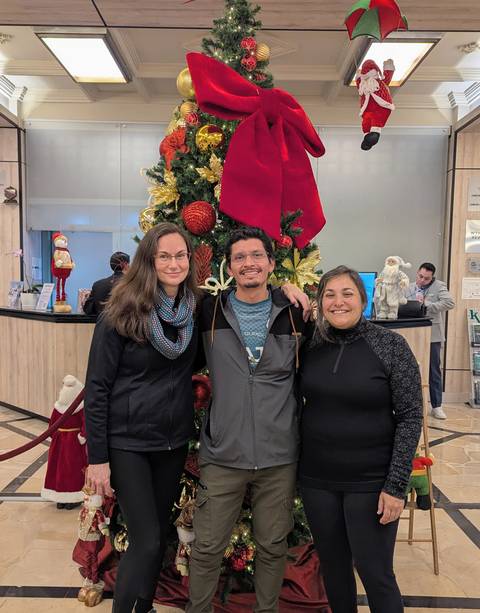       Group of people posing in front of a decorated Christmas tree indoors.
  