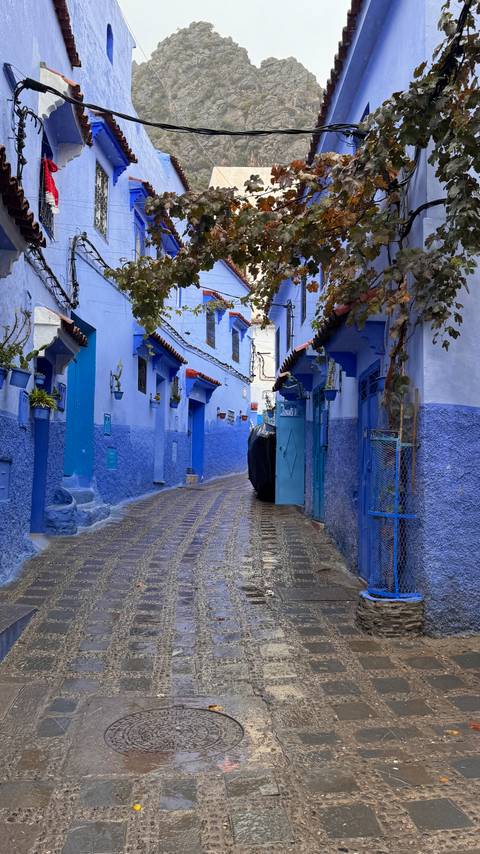 Blue-painted street in a Moroccan medina.