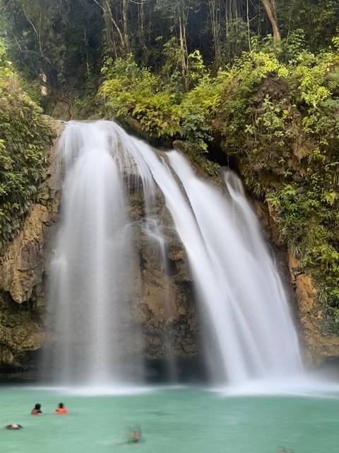       A stunning waterfall cascading down rocks surrounded by greenery.
  