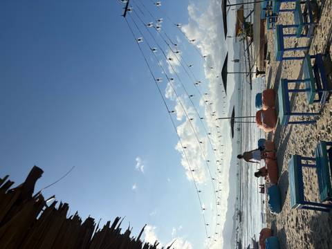       Beach scene with people and seating, string lights overhead.
  
