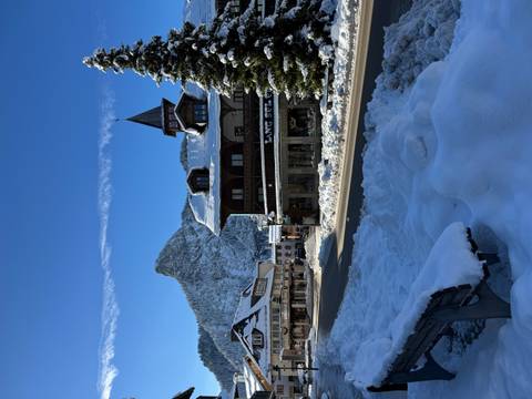      Snow-covered village with traditional architecture.
  