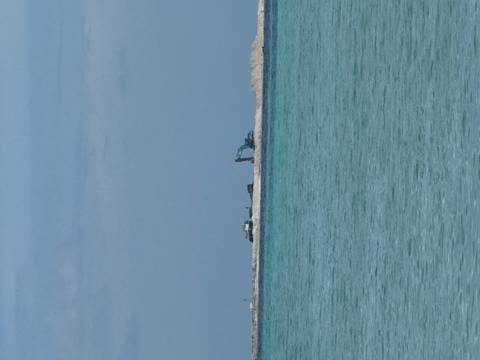       Distant view of construction activity on a sandbar across a calm body of water.
  