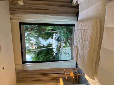       View from inside a room looking out at palm trees and the ocean.
  