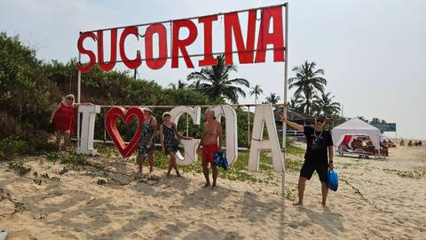 Group of people posing by a beach sign with palm trees.