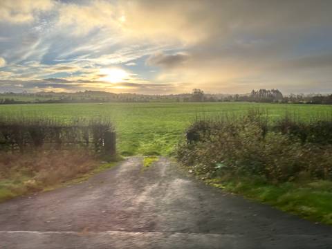 Green field with a path under a cloudy sunset.