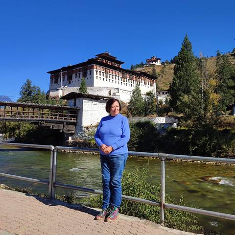 Person posing on a bridge with a historic structure in the background.