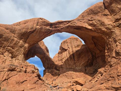 Rock arches in a desert landscape under a blue sky.
