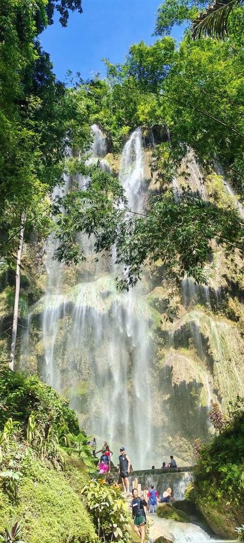 Waterfall surrounded by lush greenery.