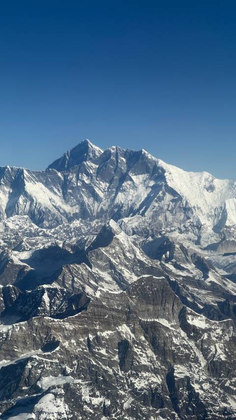       Close-up view of the snow-covered peaks of the Himalayas.
  