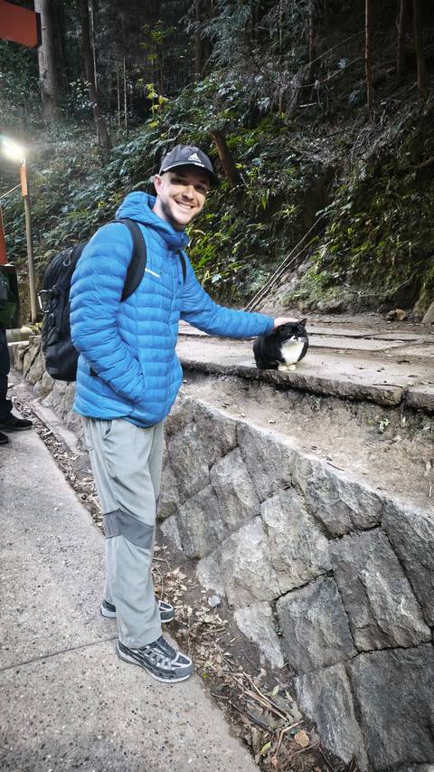 Person petting a cat on a stone path in a natural setting.