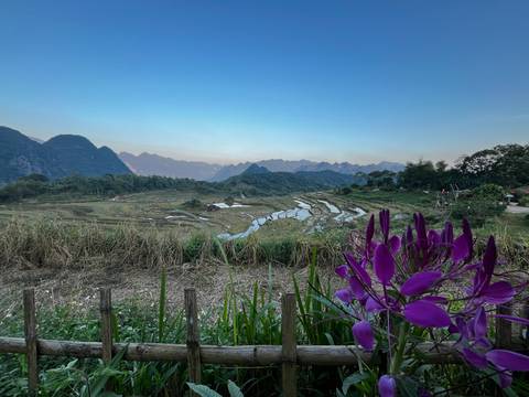 Scenic view of rice terraces and mountains at dusk.