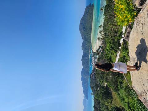       Woman standing on a viewpoint overlooking a bay.
  