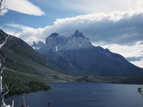       Mountains overlooking a large lake.
  