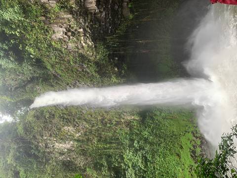       Powerful waterfall cascading down a lush green cliff.
  