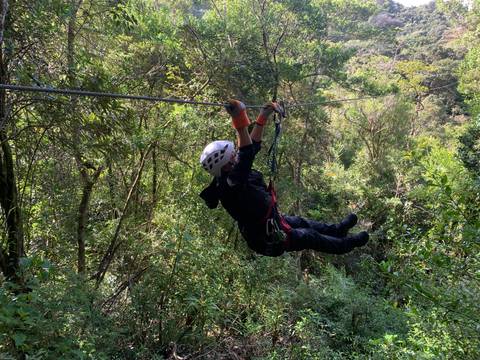 Individual zip-lining through a dense forest canopy.