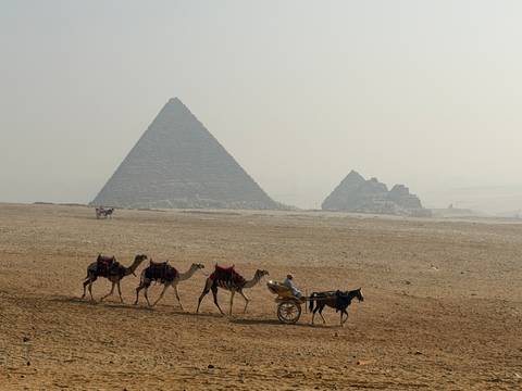       Camels and a cart near the Pyramids of Giza under a hazy sky.
  