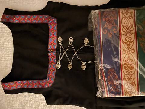 Close-up of a traditional garment with colorful embroidery.