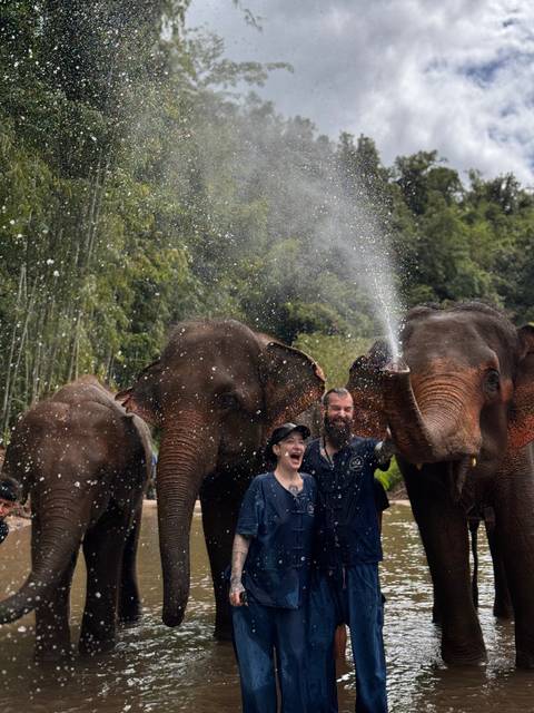 Group of elephants spraying water on people.