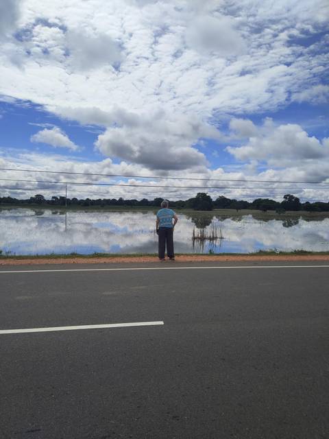 Person standing by a road with a flooded landscape.
