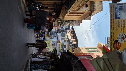 Busy street market with people and cows.
