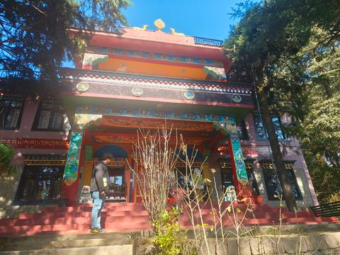 Colorful monastery building in a wooded area.
