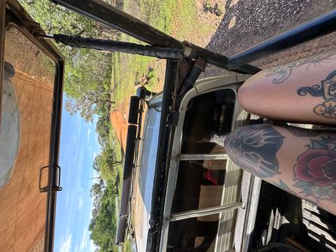 View from a vehicle driving through a dirt road with lush vegetation.